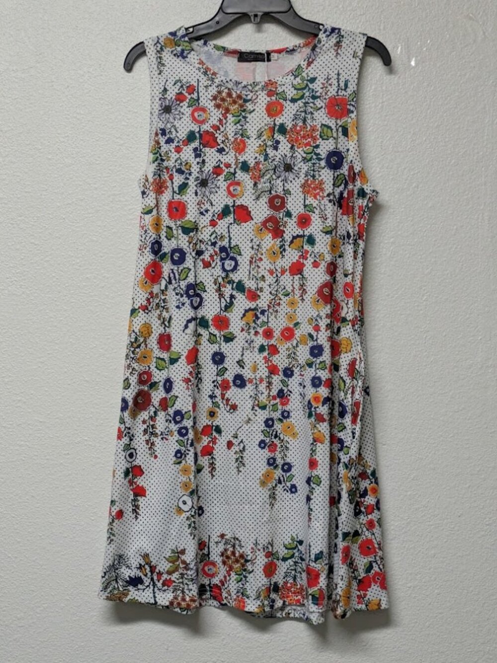 Camisa White Polka Dot Floral Pocket Sleeveless Midi Dress - Medium